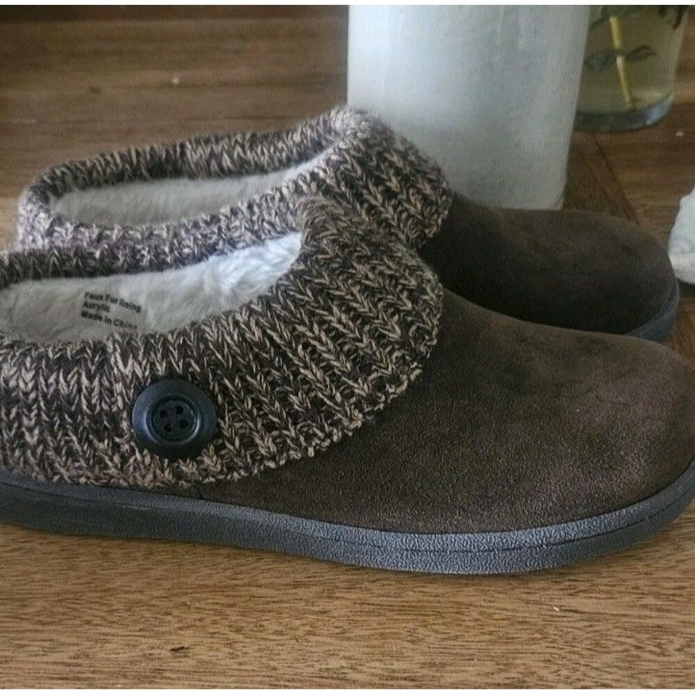 New Womens Clarks Knit Sweater Brown Leather Lined Clog Slippers Size 8